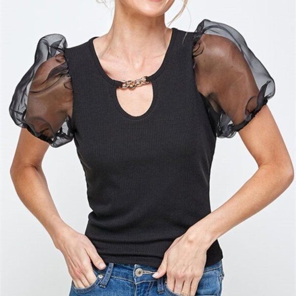 Puff Sleeved Black Top Black - Picture 1 of 8